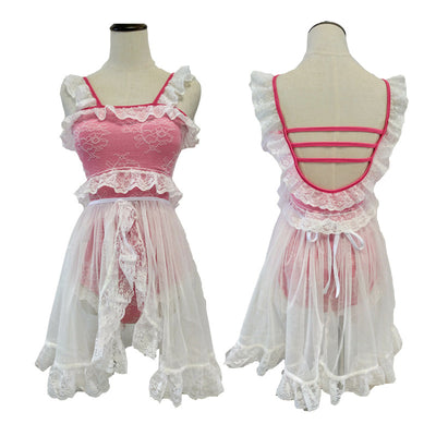 Red and white one-piece swimsuit with ruffled lace trim, sheer glittery star overlay, and strappy back. - Image 33