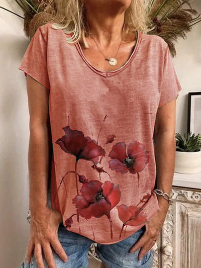 Camisa de Algodón Estampada Cuello V Manga Corta para Verano