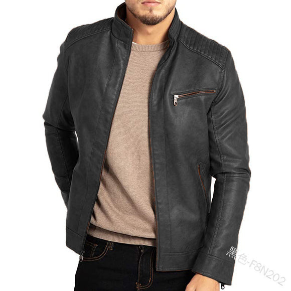 Chaqueta de Cuero Slim Fit con Cuello Mao - Estilo Europeo y Americano