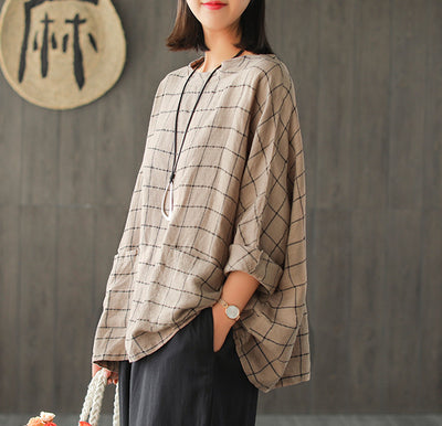 Camiseta Cuadros Lino Mujer Talla Grande Suelta - Image 10