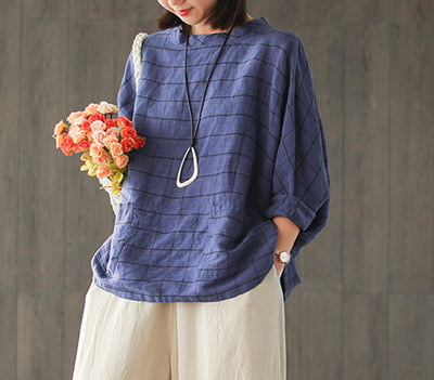 Camiseta Cuadros Lino Mujer Talla Grande Suelta - Image 11