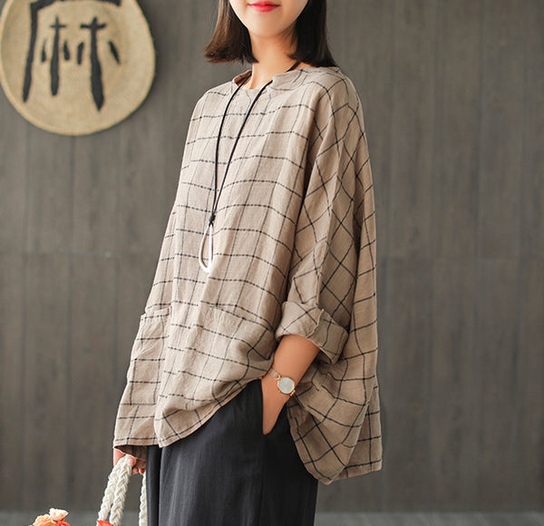 Camiseta Cuadros Lino Mujer Talla Grande Suelta