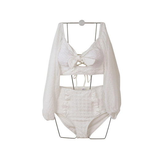 White long-sleeve bikini with a bow-front crop top and high-waisted bottoms with ruffled sides. - Image 5
