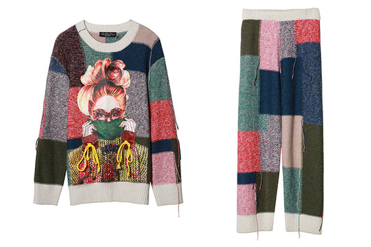 Conjunto de Suéter Cuadros con Cinta y Combinación de Colores para Mujer - Image 2