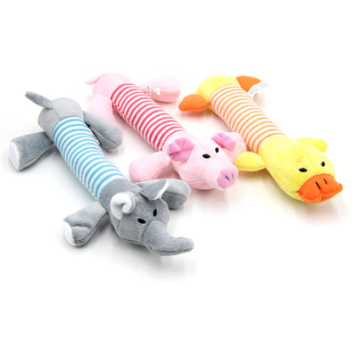 Grey plush elephant dog toy with a blue and white striped body, black eyes, and white inner ears. - Image 8
