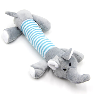 Grey plush elephant dog toy with a blue and white striped body, black eyes, and white inner ears. - Image 9