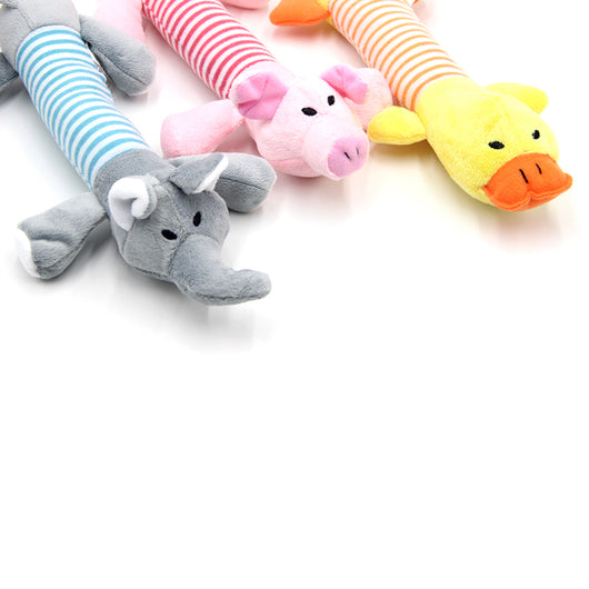 Grey plush elephant dog toy with a blue and white striped body, black eyes, and white inner ears. - Image 11