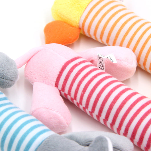 Grey plush elephant dog toy with a blue and white striped body, black eyes, and white inner ears. - Image 12