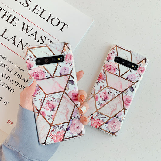 Funda de Celular con Patrón de Mármol Geométrico y Detalles Florales Electrochapada - Image 7