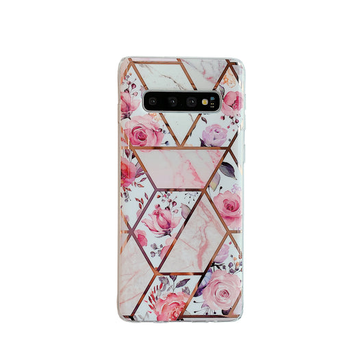 Funda de Celular con Patrón de Mármol Geométrico y Detalles Florales Electrochapada