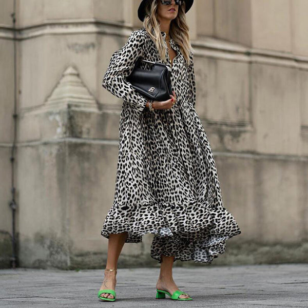 Vestido Largo Estampado Leopardo con Manga Larga y Escote en V
