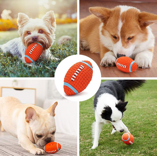 Orange textured latex dog toy shaped like an American football with blue and white accents, measuring 14cm long and 8cm wide. - Image 2