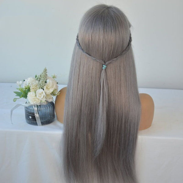 Peluca Larga Liso Plateado Gris Encaje Frontal Estilo Europeo Americano