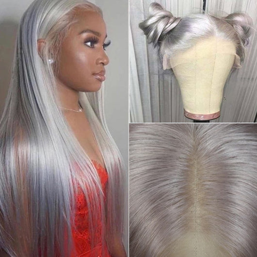 Peluca Larga Liso Plateado Gris Encaje Frontal Estilo Europeo Americano - Image 8
