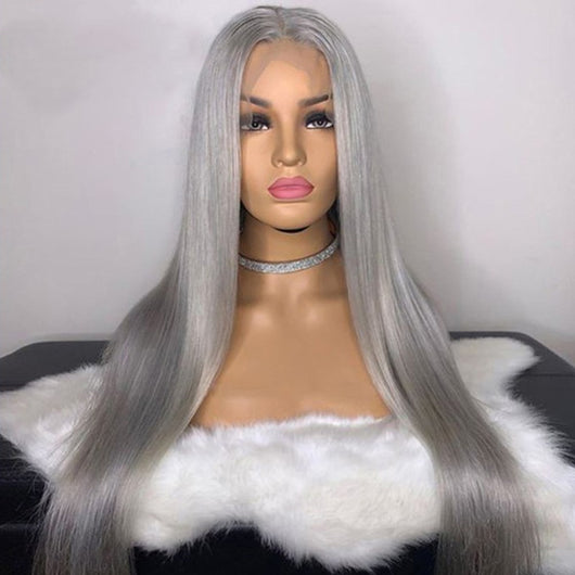Peluca Larga Liso Plateado Gris Encaje Frontal Estilo Europeo Americano - Image 9