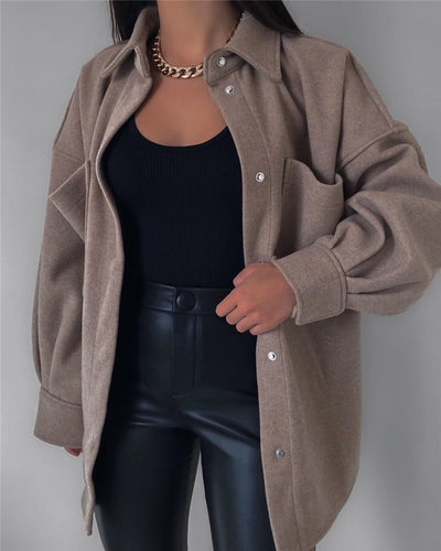 Chaqueta Camisa Suelta de Lana con Solapa Abotonada
