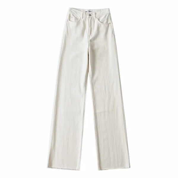Pantalón Denim Ancho Cintura Alta con Borde Crudo