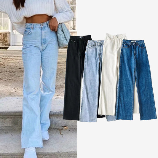 Pantalón Denim Ancho Cintura Alta con Borde Crudo