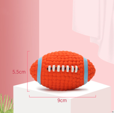Orange textured latex dog toy shaped like an American football with blue and white accents, measuring 14cm long and 8cm wide. - Image 5