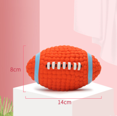 Orange textured latex dog toy shaped like an American football with blue and white accents, measuring 14cm long and 8cm wide. - Image 6