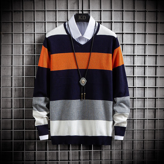 Suéter Casual Hombre Cuello Redondo Bloques de Color Slim Fit