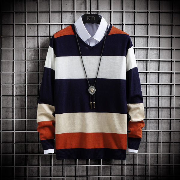 Suéter Casual Hombre Cuello Redondo Bloques de Color Slim Fit
