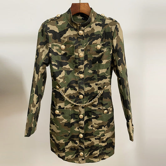 Camisa Vestido Militar con Cadena de Botones Dorados y Cuello Epolet - Image 7