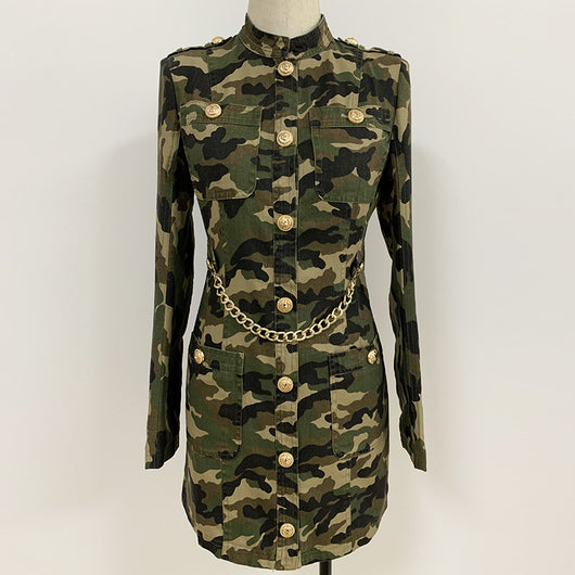 Camisa Vestido Militar con Cadena de Botones Dorados y Cuello Epolet - Image 9