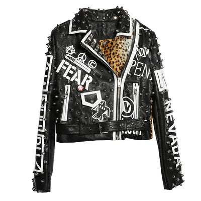 Chaqueta de Cuero Motociclista Leopardo con Remaches y Costuras - Image 7