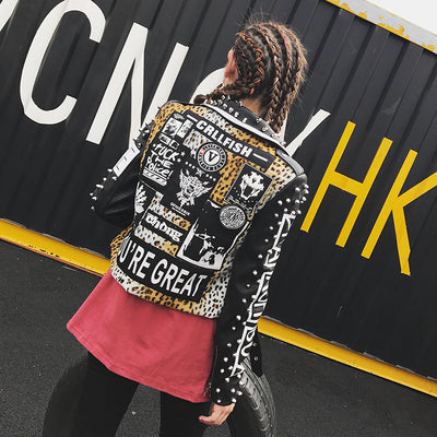 Chaqueta de Cuero Motociclista Leopardo con Remaches y Costuras - Image 11