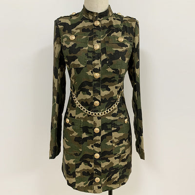 Camisa Vestido Militar con Cadena de Botones Dorados y Cuello Epolet