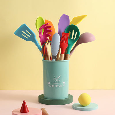 Set de 12 Piezas Cucharas y Palas de Cocina con Mango de Madera