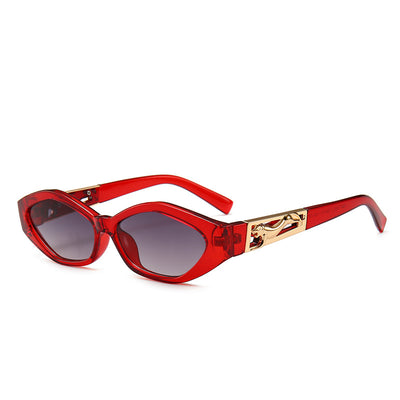 Angular cat-eye sunglasses with a tortoiseshell frame, brown gradient lenses, and gold jumping cheetah temple details. - Image 10