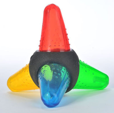 Black rubber dumbbell dog toy with red, blue, green, and yellow luminous faceted inserts. - Image 9