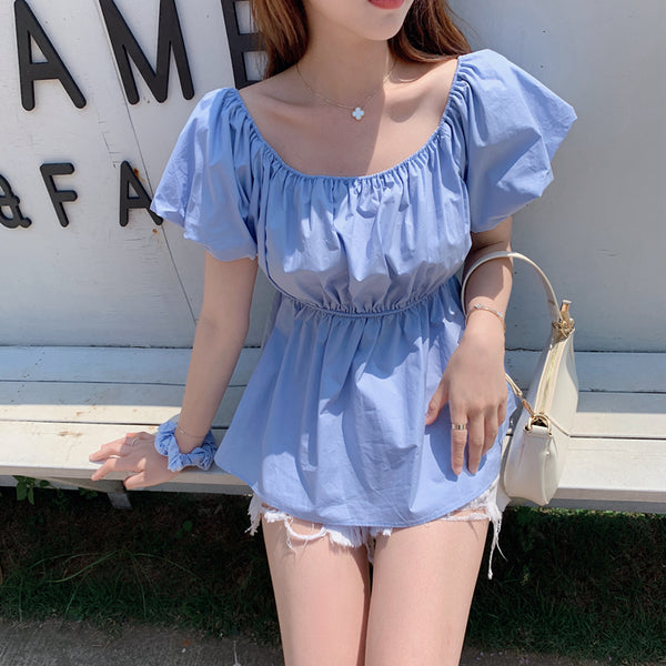 Blusa Romántica Hombros Descubiertos Cuello Fruncido Ajustada