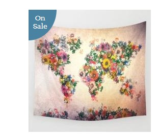 Vintage watercolor world map tapestry made of colorful flowers on a distressed background, perfect for wall hanging. - Image 2