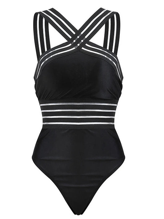 Traje de Baño Enterizo Negro con Halter y Rayas Ajustado - Image 16