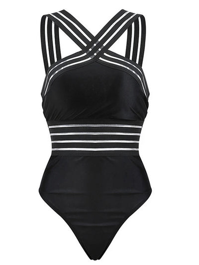 Traje de Baño Enterizo Negro con Halter y Rayas Ajustado - Image 4
