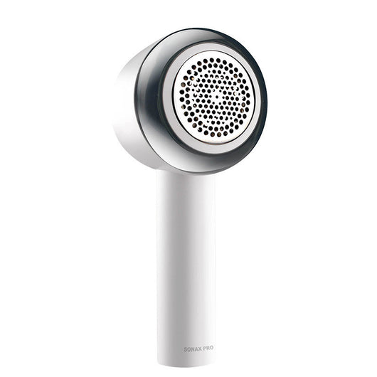 White rechargeable fabric shaver with a circular perforated head and a blue power button on the handle. - Image 9
