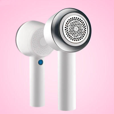 White rechargeable fabric shaver with a circular perforated head and a blue power button on the handle. - Image 7