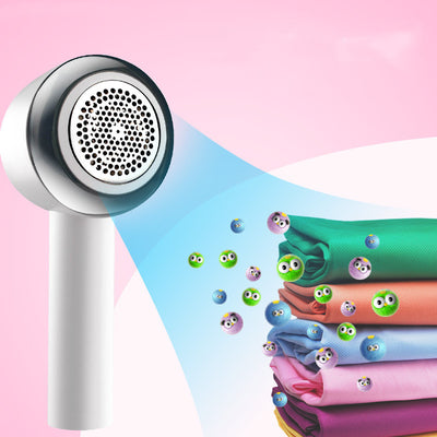 White rechargeable fabric shaver with a circular perforated head and a blue power button on the handle. - Image 4