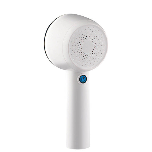 White rechargeable fabric shaver with a circular perforated head and a blue power button on the handle.