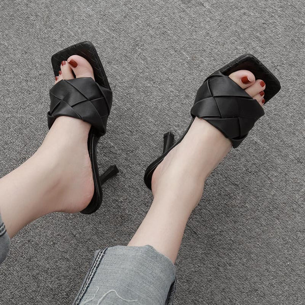 Sandalias de Tacón Alto con Punta Cuadrada y Tejido Personalizado para Mujer
