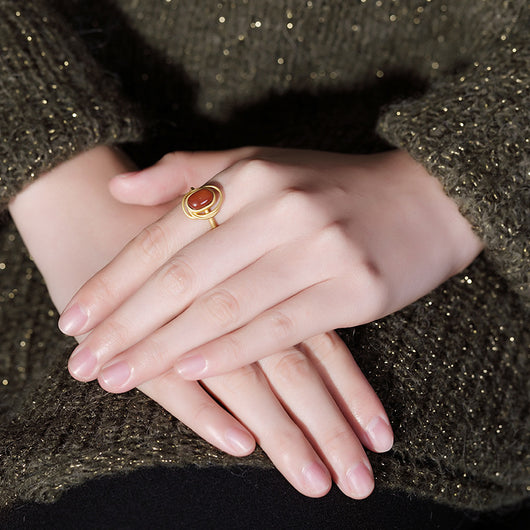 Anillo de Ágata Roja Natural Chapado en Oro - Diseño Geométrico Retro en Plata 925 - Image 9