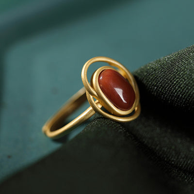 Anillo de Ágata Roja Natural Chapado en Oro - Diseño Geométrico Retro en Plata 925 - Image 4