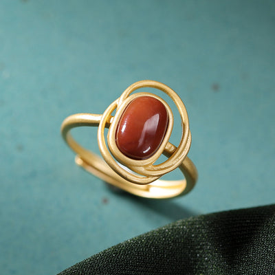 Anillo de Ágata Roja Natural Chapado en Oro - Diseño Geométrico Retro en Plata 925 - Image 2