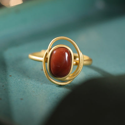 Anillo de Ágata Roja Natural Chapado en Oro - Diseño Geométrico Retro en Plata 925 - Image 5