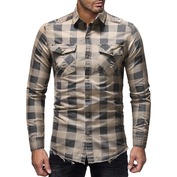 Camisa Denim a Cuadros con Rotos y Mangas Largas
