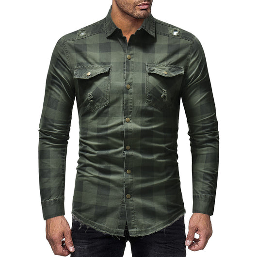 Camisa Denim a Cuadros con Rotos y Mangas Largas - Image 4