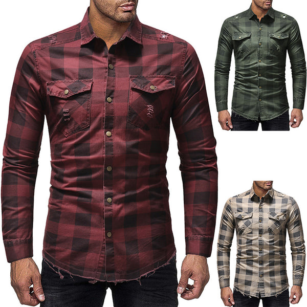 Camisa Denim a Cuadros con Rotos y Mangas Largas